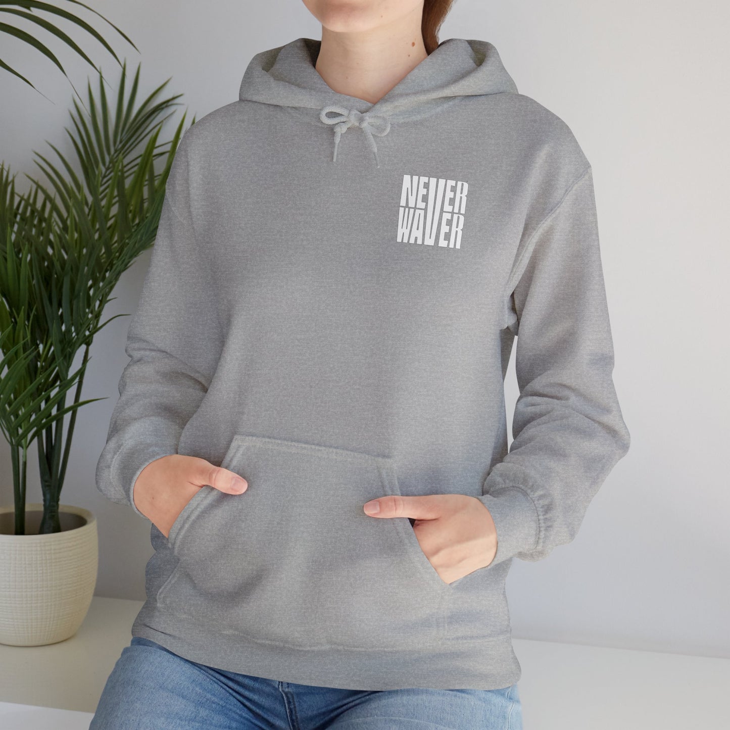 Never Waver” Jesus a bold, eye-catching design that reflects a steadfast faith and confidence in Christ. Hoodie - Unisex Heavy Blend™ Sweatshirt