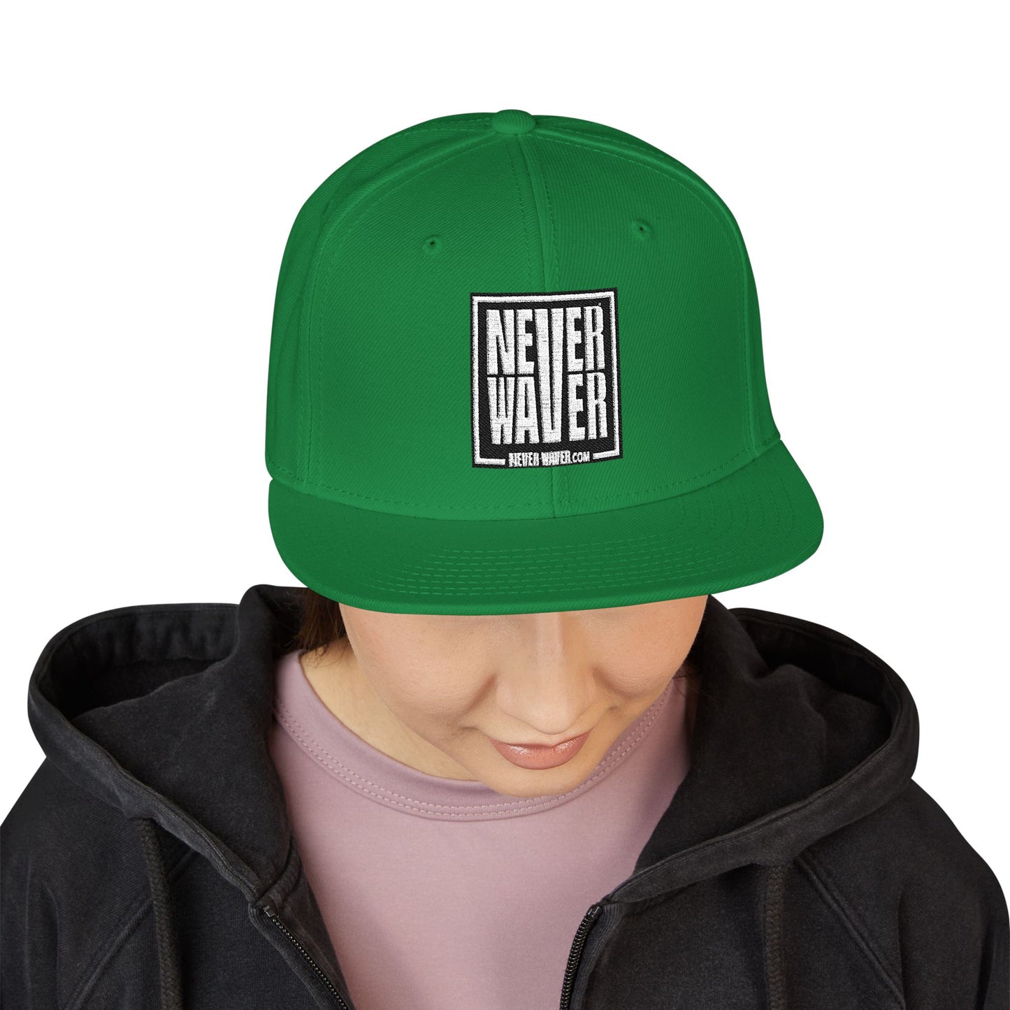 Never Waver Embroidered Square Script Snapback Hat — Bold Monochrome Streetwear