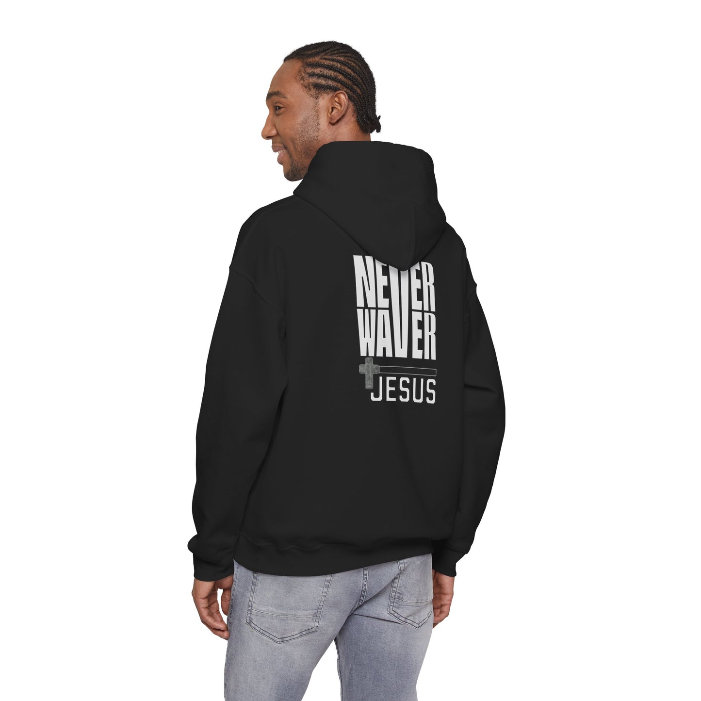 Never Waver” Jesus a bold, eye-catching design that reflects a steadfast faith and confidence in Christ. Hoodie - Unisex Heavy Blend™ Sweatshirt