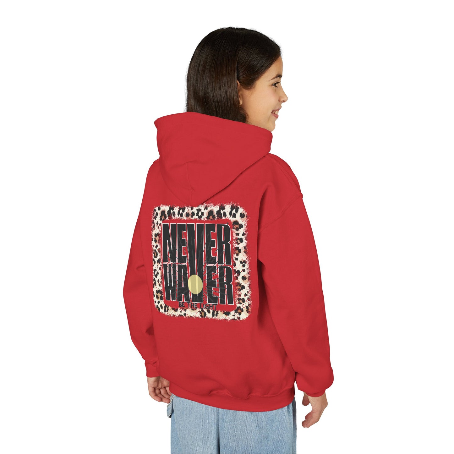 "NEVER WAVER Be The Light Design" Motivational Sweatshirt Youth Heavy Blend Hoodie