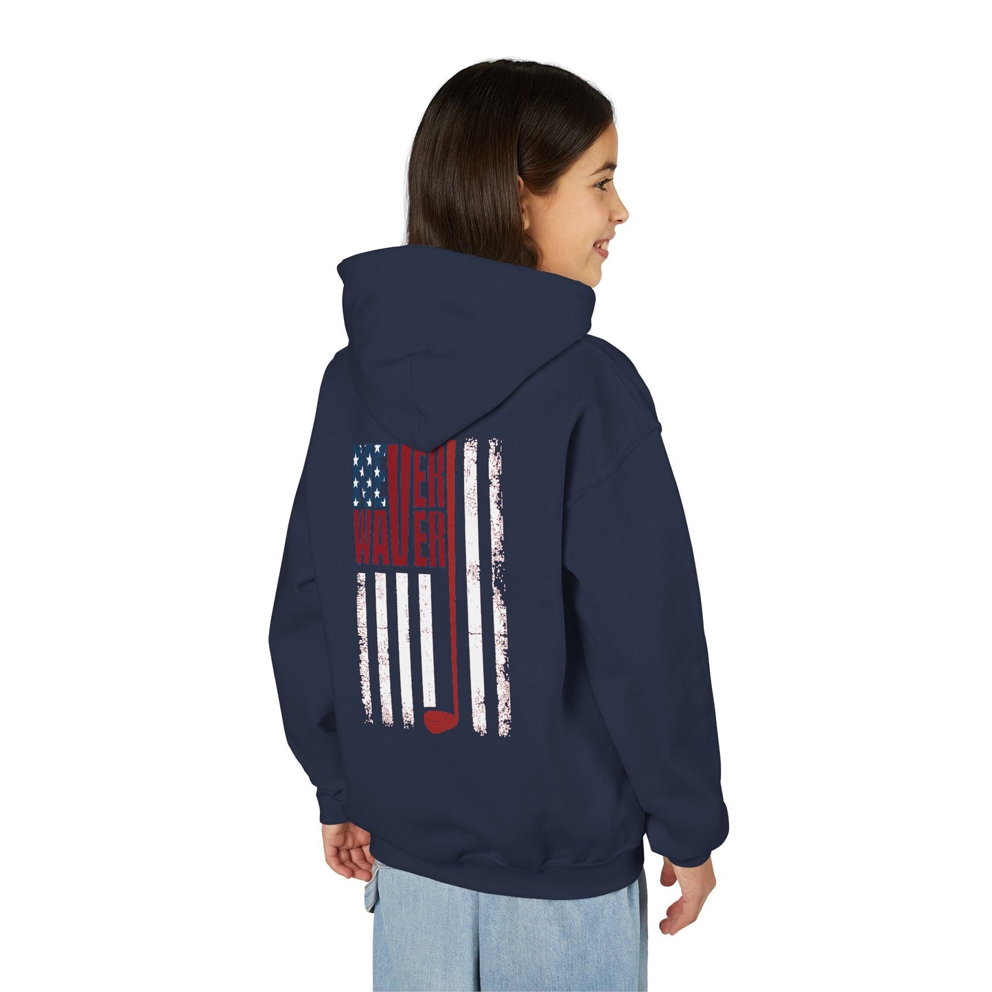 "Never Waver Golf American Flag" Hoodie for Young Golfers