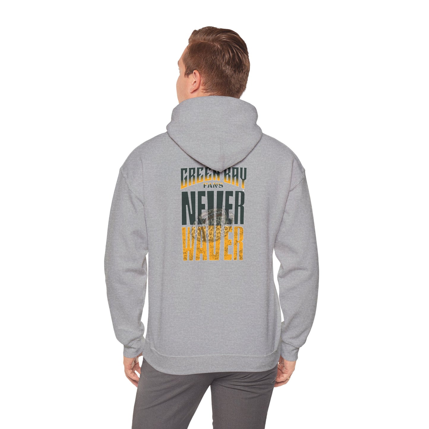 Green Bay Fans Never Waver Hoodie w Leopard Football - Unisex Heavy Blend Sweatshirt