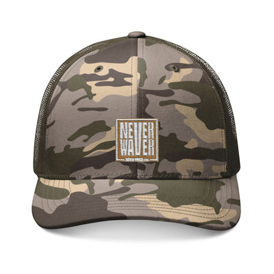 Never Waver Camo Trucker Hat — Embroidered Rustic Patch Cap