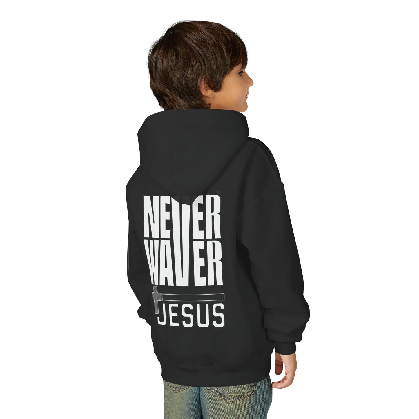 Youth Jesus Hoodie - "Never Waver” Jesus bold, eye-catching design that reflects a steadfast faith and confidence in Christ. " Sweatshirt for Young Jesus Lovers