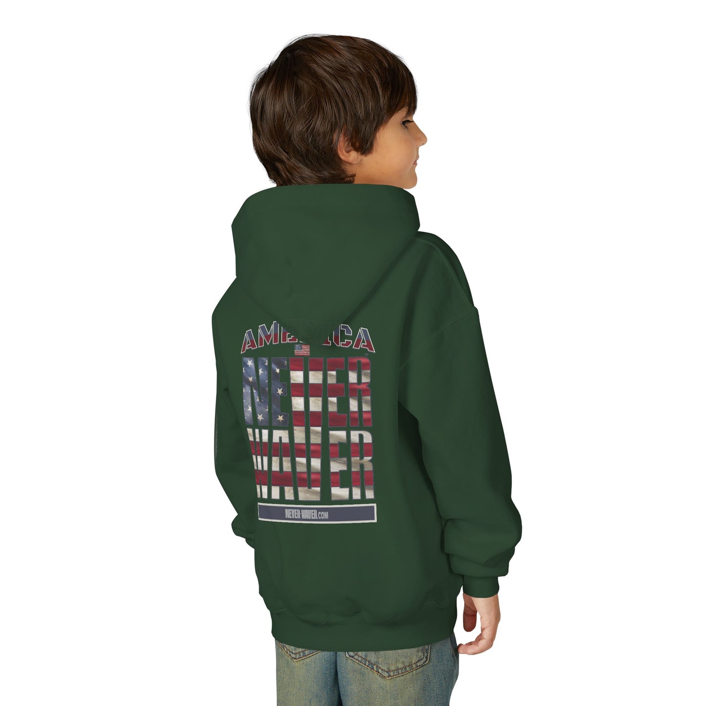"America Never Waver " Motivational Sweatshirt Youth Heavy Blend Hoodie