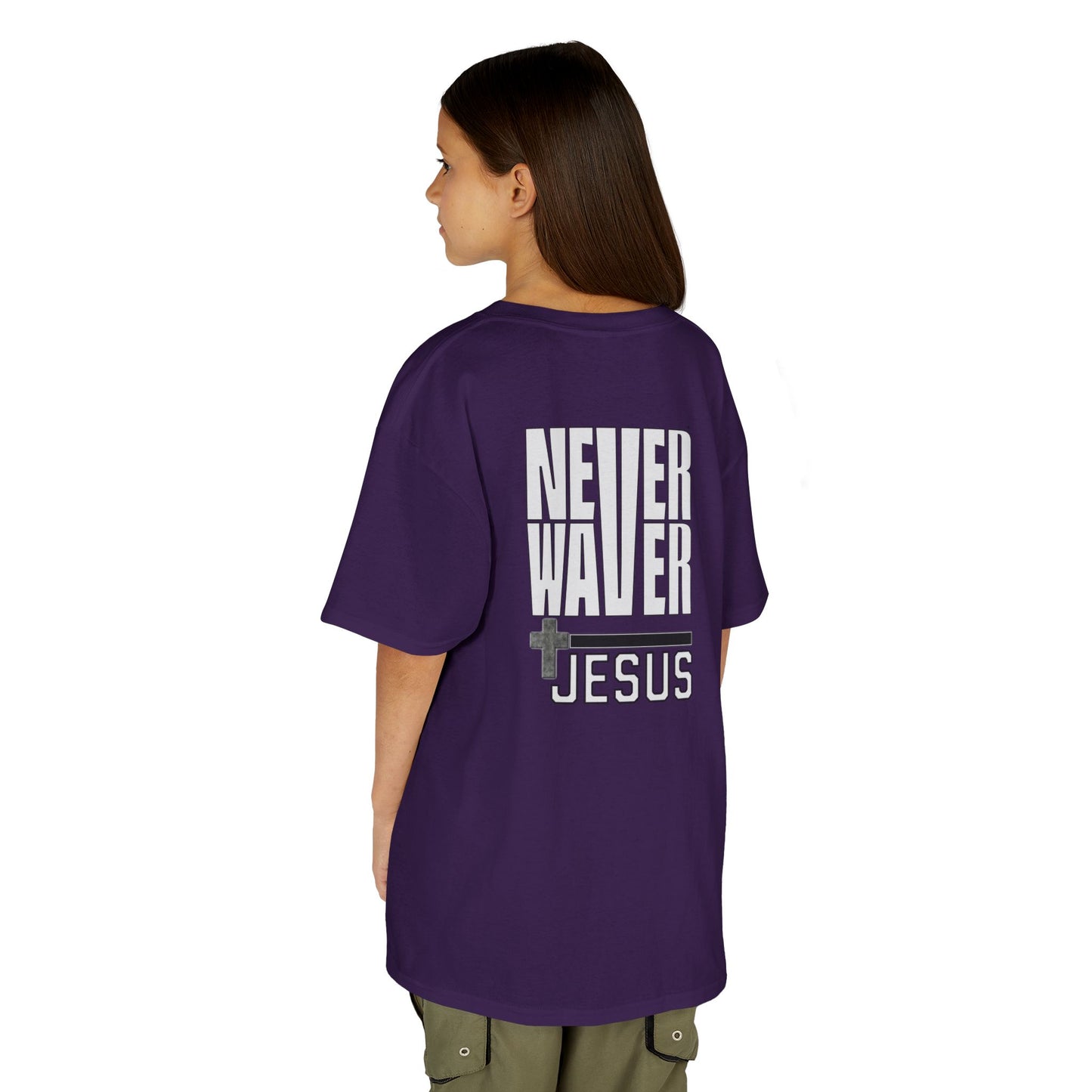 Never Waver” Jesus a bold, eye-catching design that reflects a steadfast faith and confidence in Christ.