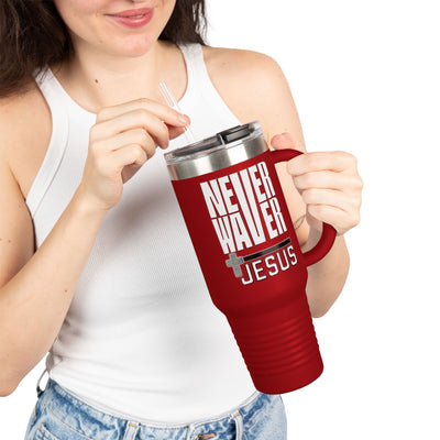 "Never Waver” Jesus Insulated Travel Mug -a bold, eye-catching design that reflects a steadfast faith and confidence in Christ. " - 40oz Sporty Drinkware