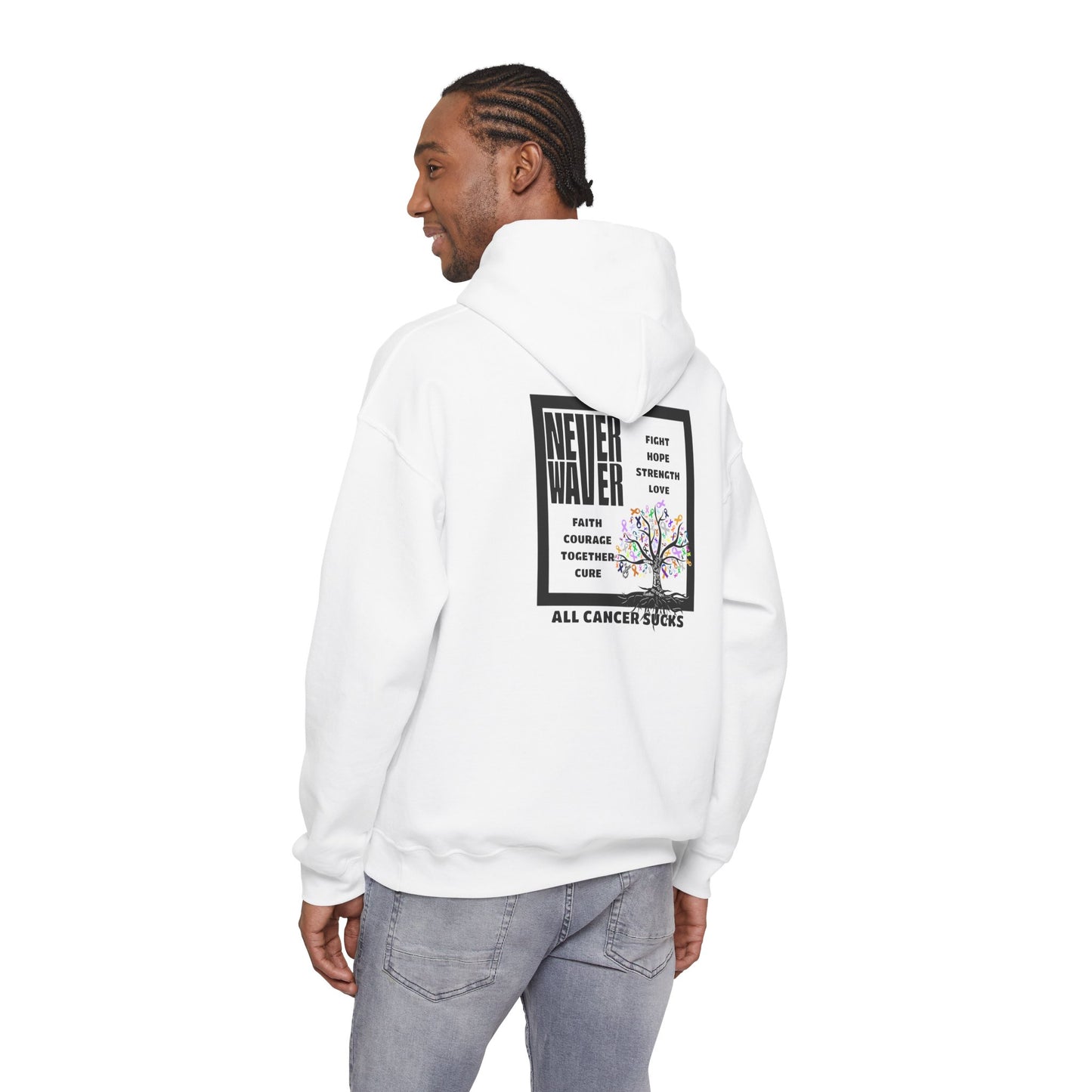 Cancer Awareness Hoodie - Never Waver - Fight, Hope, Strength, Love Tree of Ribbons