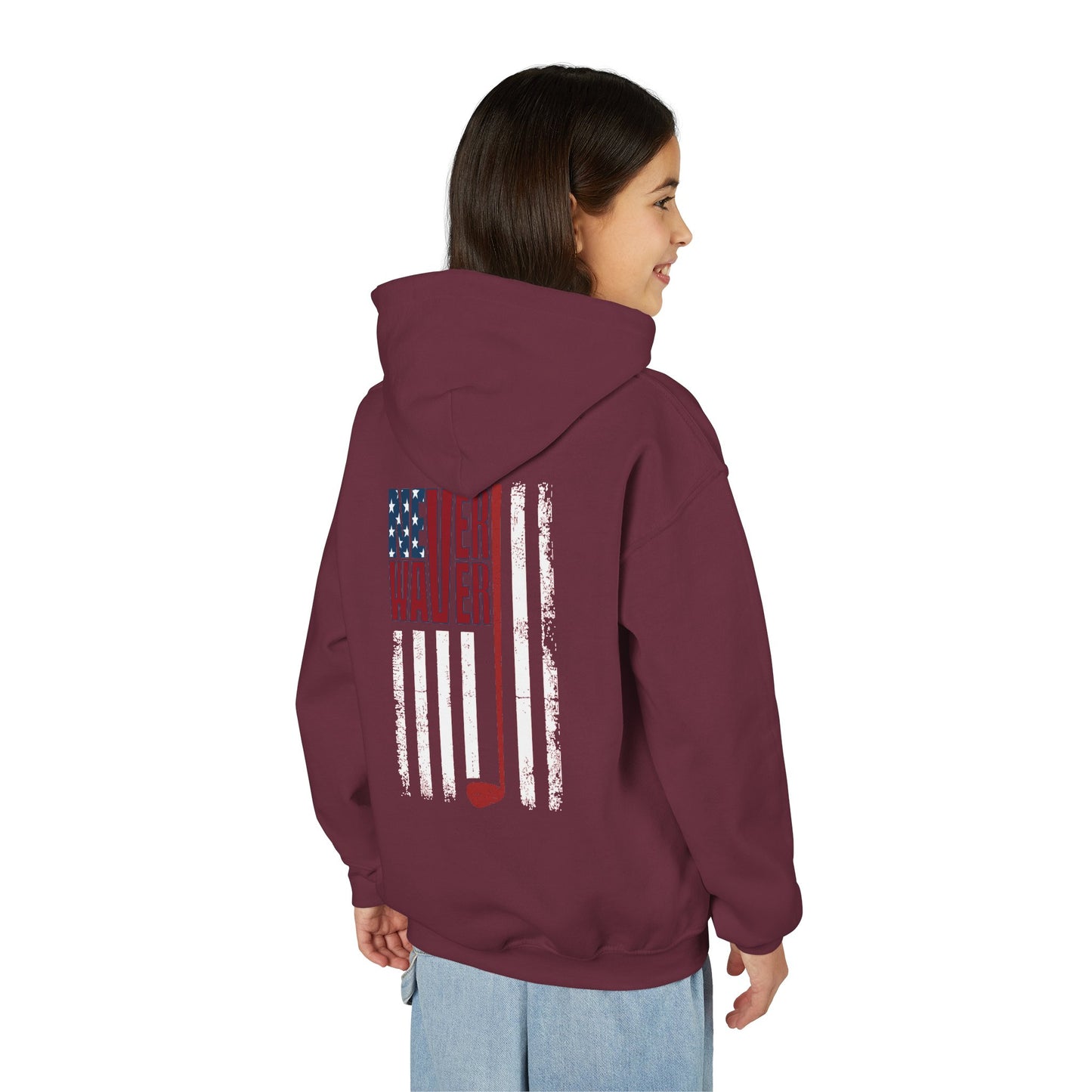 "Never Waver Golf American Flag" Hoodie for Young Golfers