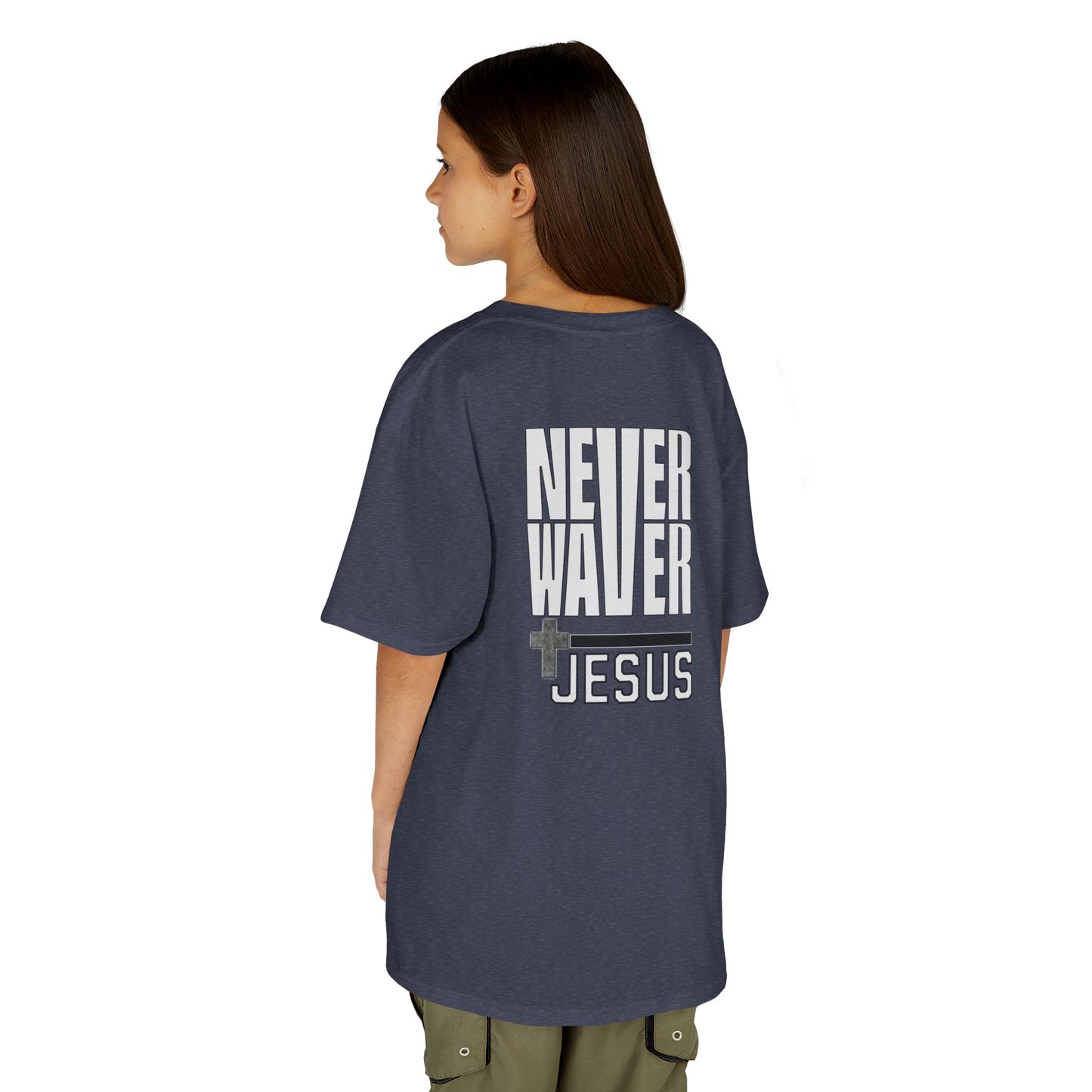 Never Waver” Jesus a bold, eye-catching design that reflects a steadfast faith and confidence in Christ.