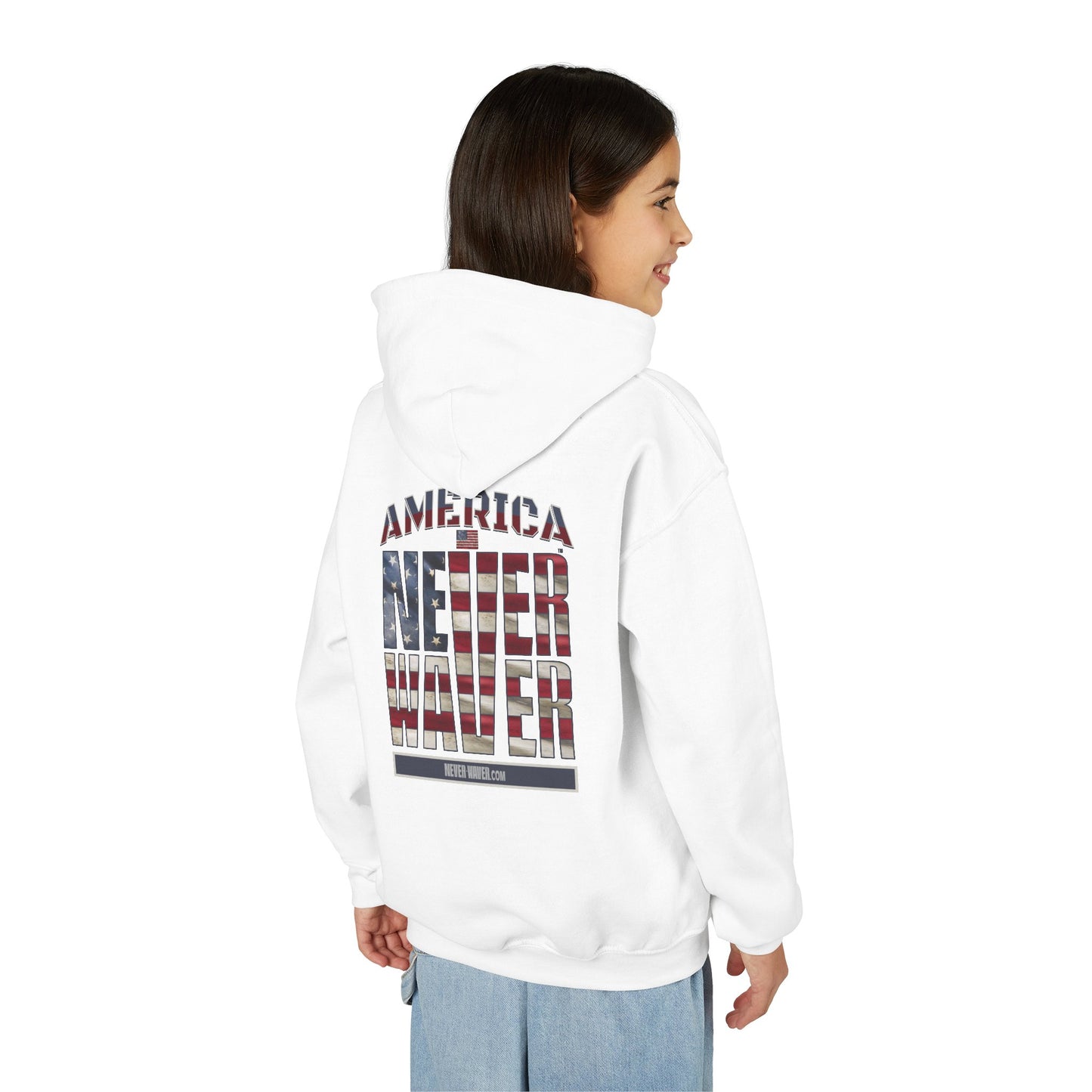 "America Never Waver " Motivational Sweatshirt Youth Heavy Blend Hoodie