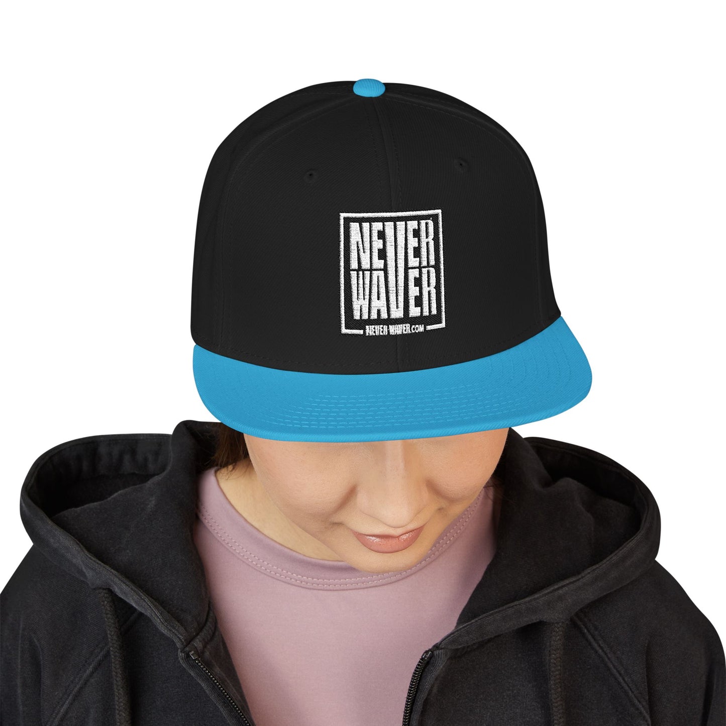 Never Waver Embroidered Square Script Snapback Hat — Bold Monochrome Streetwear