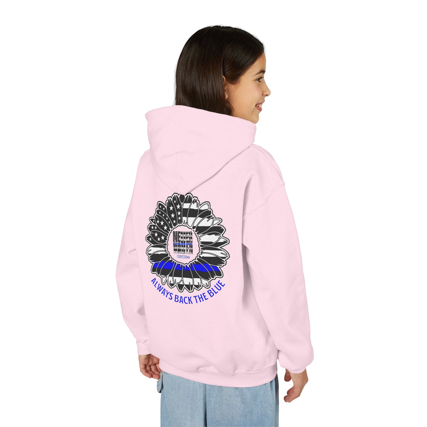 Never Waver Always Back The Blue  Vintage-Inspired Youth Hoodie with American Flag Design