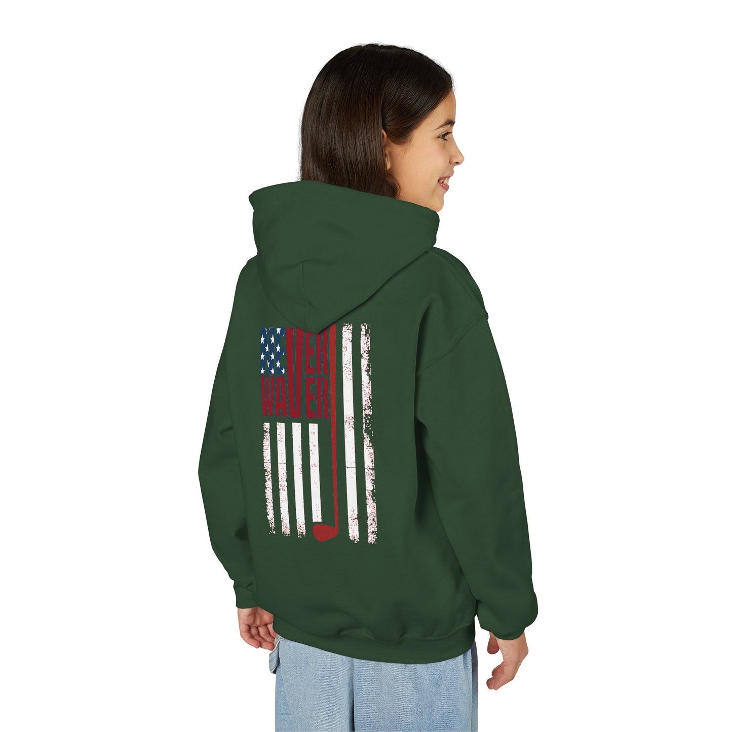"Never Waver Golf American Flag" Hoodie for Young Golfers
