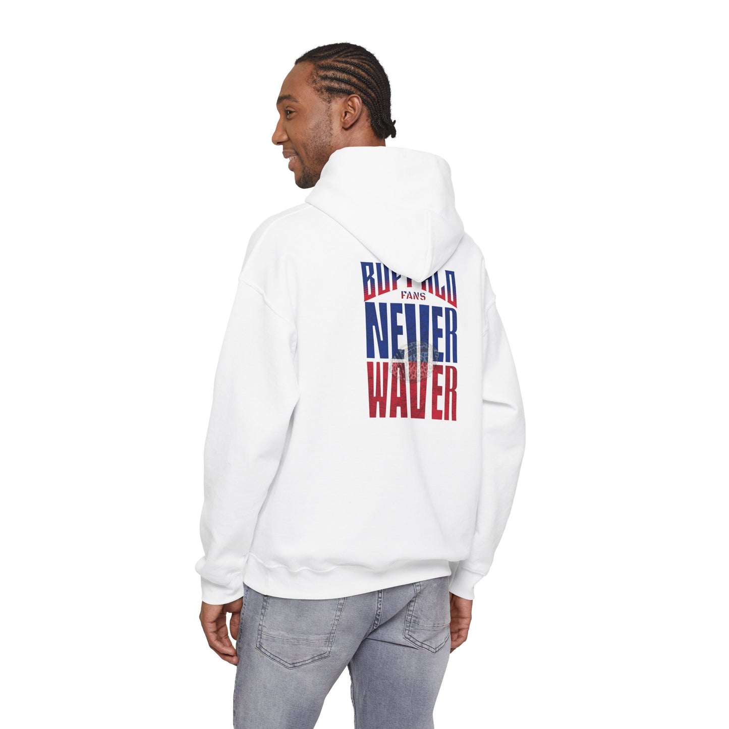 Buffalo Fans Never Waver w Leopard Football Design Unisex Heavy Blend™ Hooded Sweatshirt