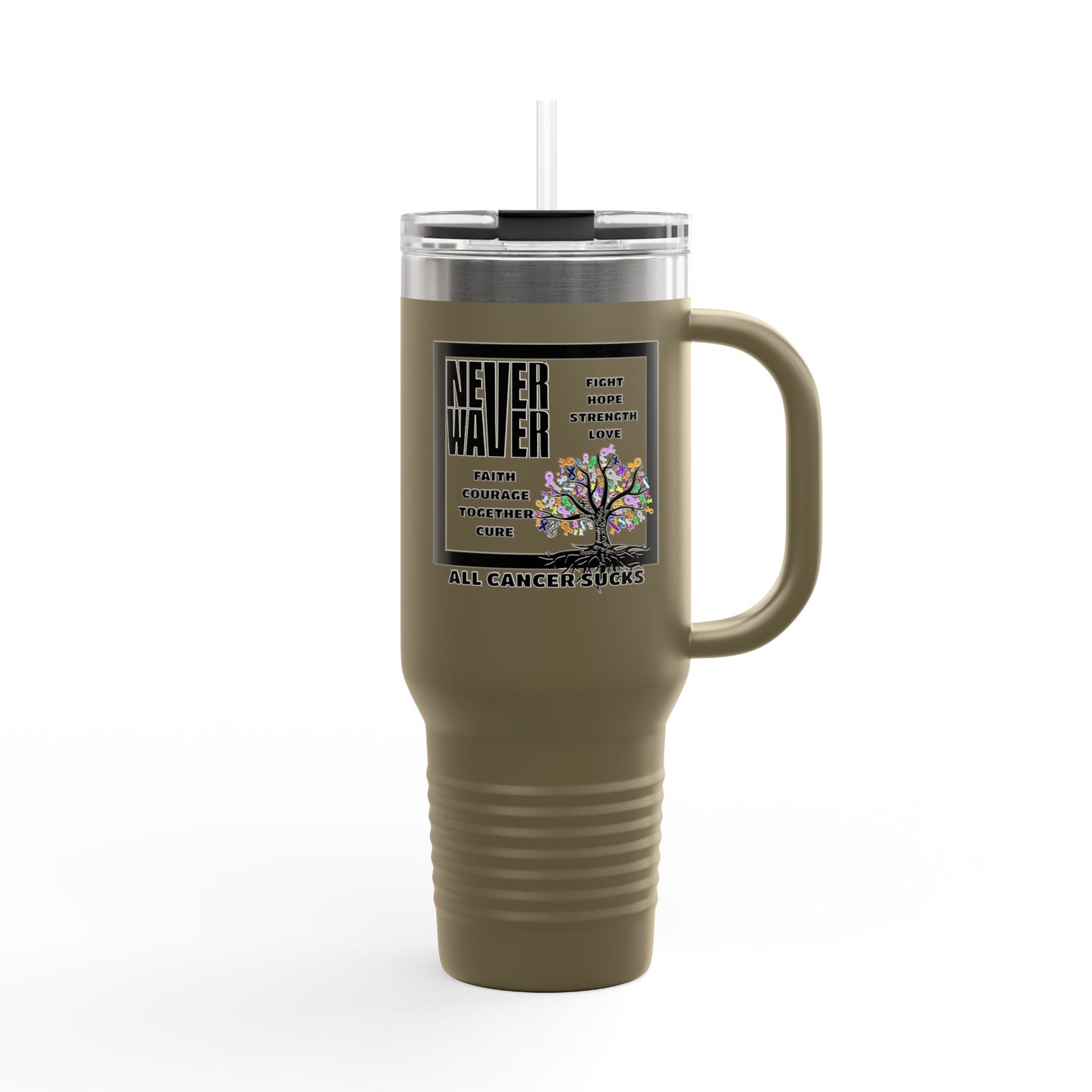 Never Waver Tree of Cancer Ribbons, Insulated Travel Mug -40oz