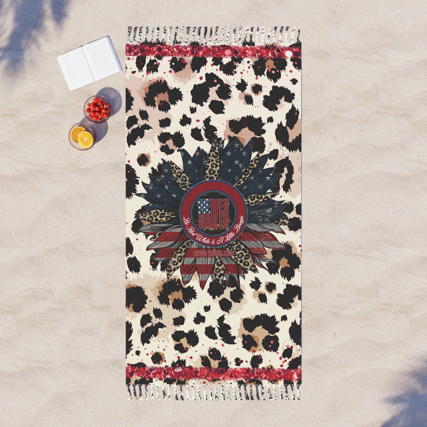 Never Waver Be Be Red White & A Little Bougie Boho Beach Towel with Floral and Animal Print Design