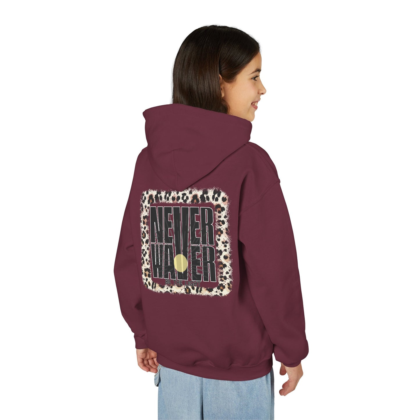 "NEVER WAVER Be The Light Design" Motivational Sweatshirt Youth Heavy Blend Hoodie