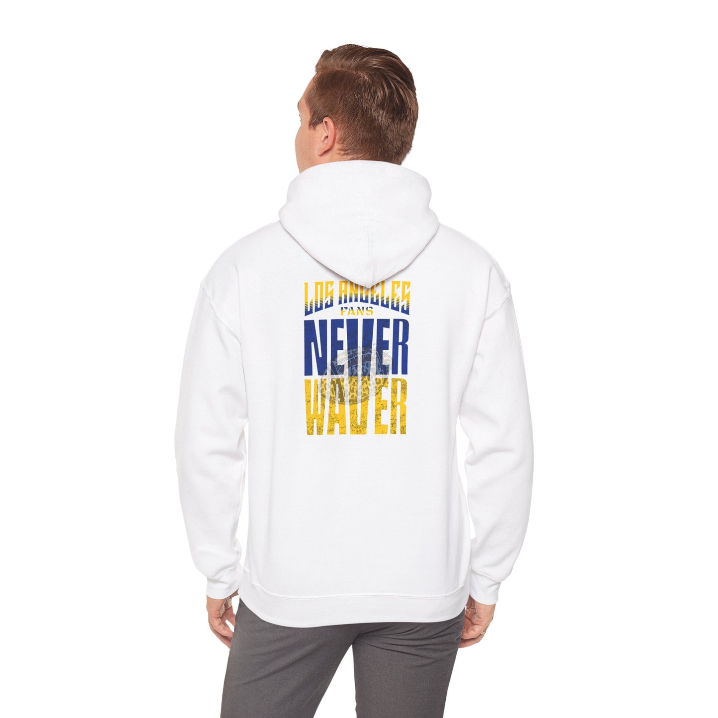 Unisex Heavy Blend™ Hooded Sweatshirt - Los Angeles Fans  NEVER WAVER w Leopard Football | Cozy Streetwear for Every Day