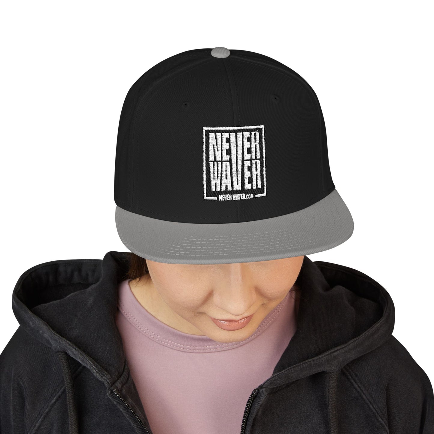 Never Waver Embroidered Square Script Snapback Hat — Bold Monochrome Streetwear