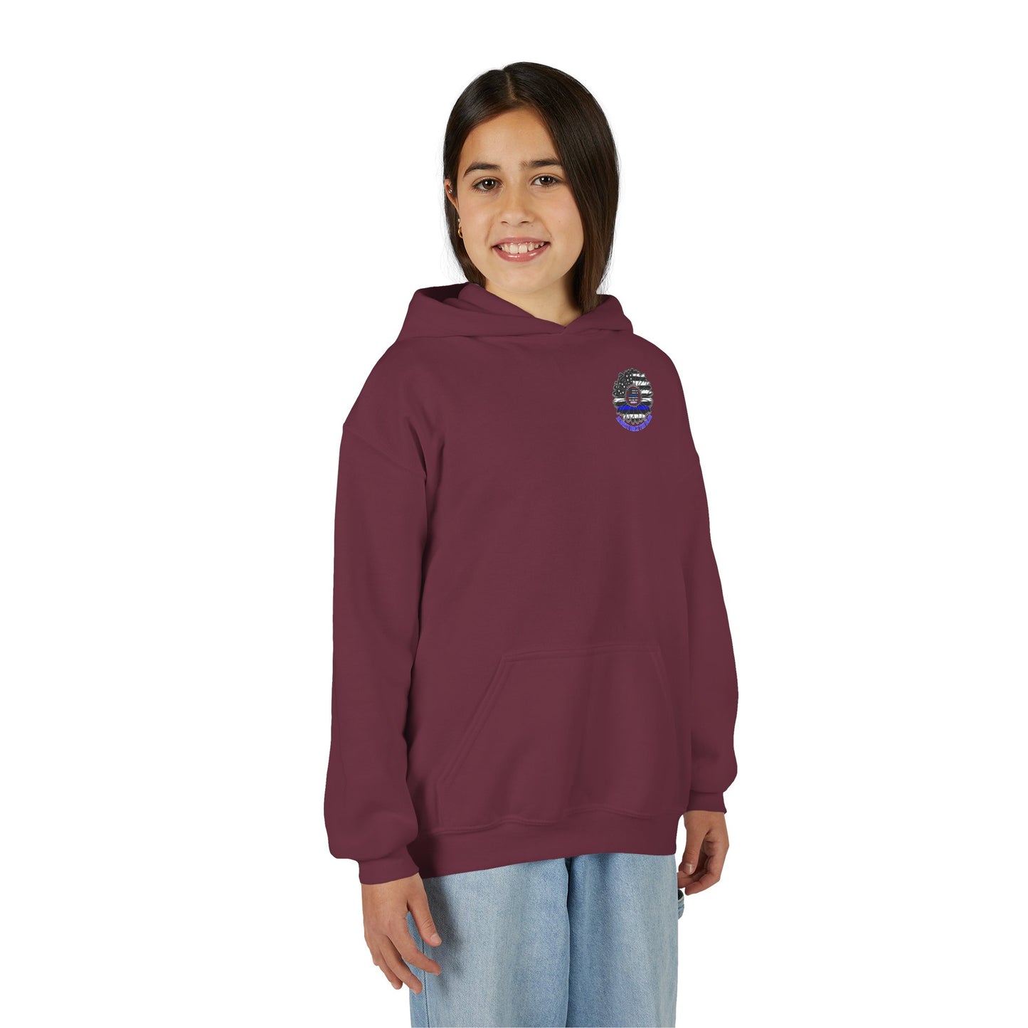 Never Waver Always Back The Blue  Vintage-Inspired Youth Hoodie with American Flag Design