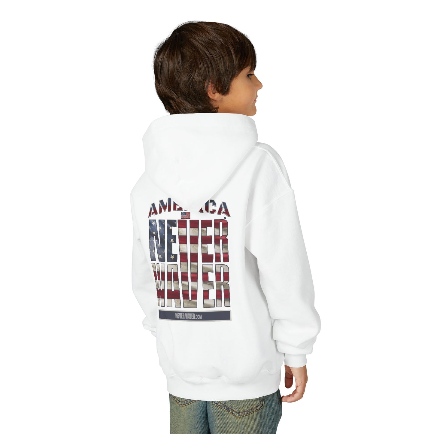 "America Never Waver " Motivational Sweatshirt Youth Heavy Blend Hoodie