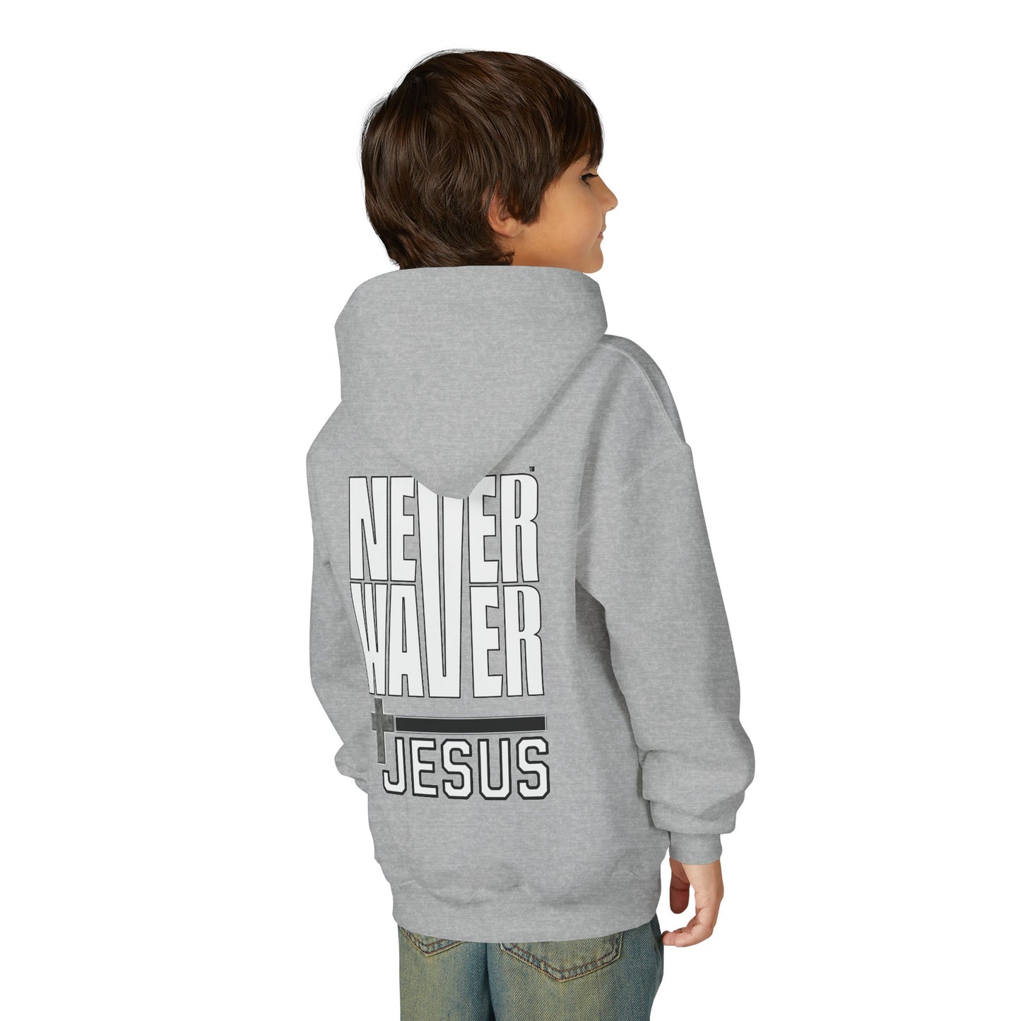 Youth Jesus Hoodie - "Never Waver” Jesus bold, eye-catching design that reflects a steadfast faith and confidence in Christ. " Sweatshirt for Young Jesus Lovers