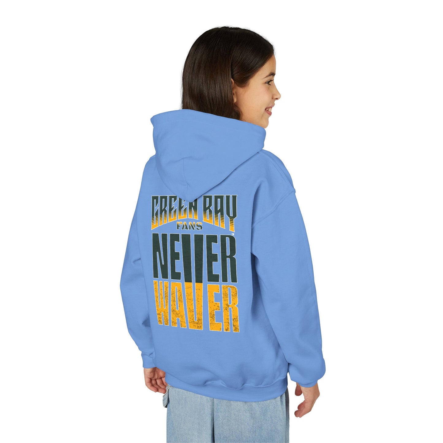 Green Bay Fans Never Waver Youth Heavy Blend Hooded Sweatshirt
