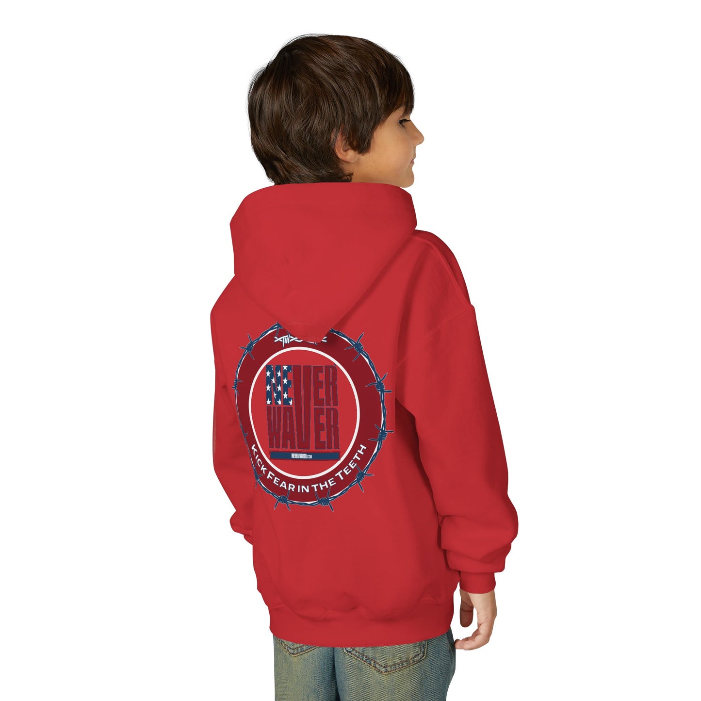 NEVER WAVER KICK FEAR IN THE TEETH Youth Heavy Blend Hooded Sweatshirt