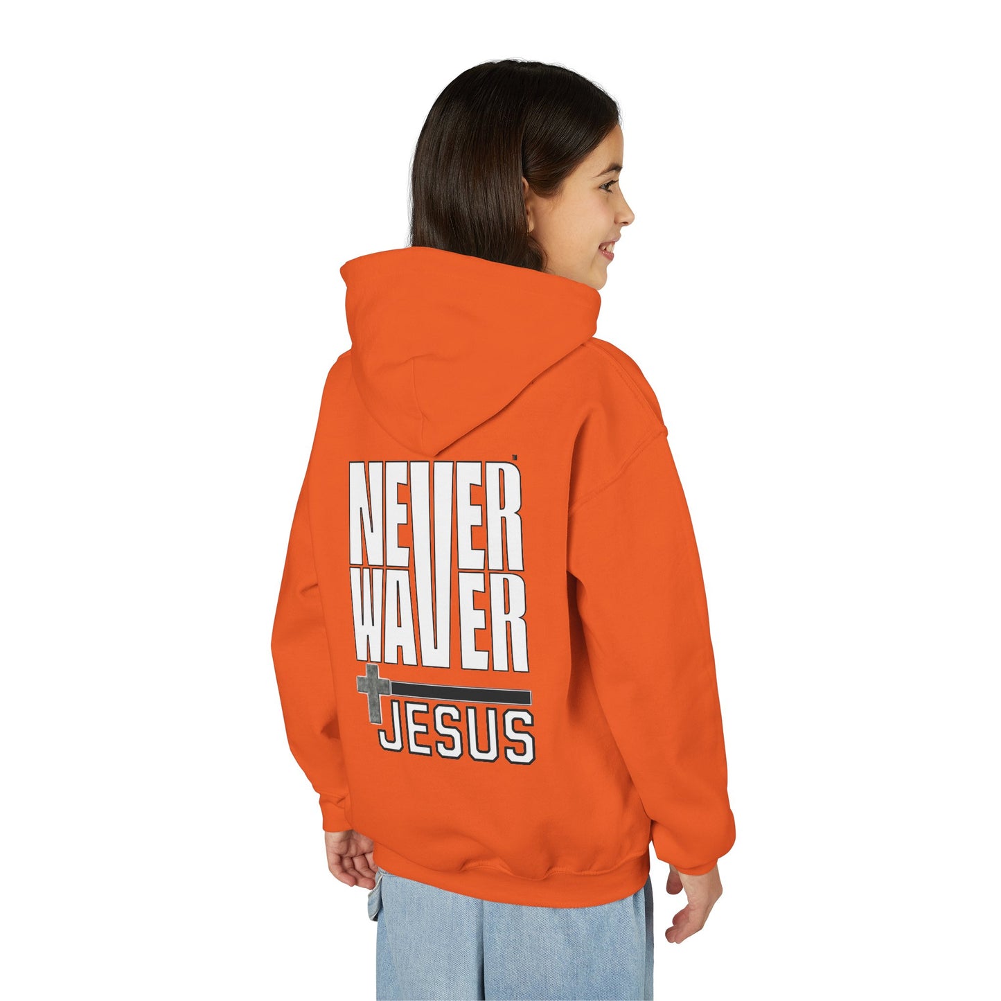 Youth Jesus Hoodie - "Never Waver” Jesus bold, eye-catching design that reflects a steadfast faith and confidence in Christ. " Sweatshirt for Young Jesus Lovers
