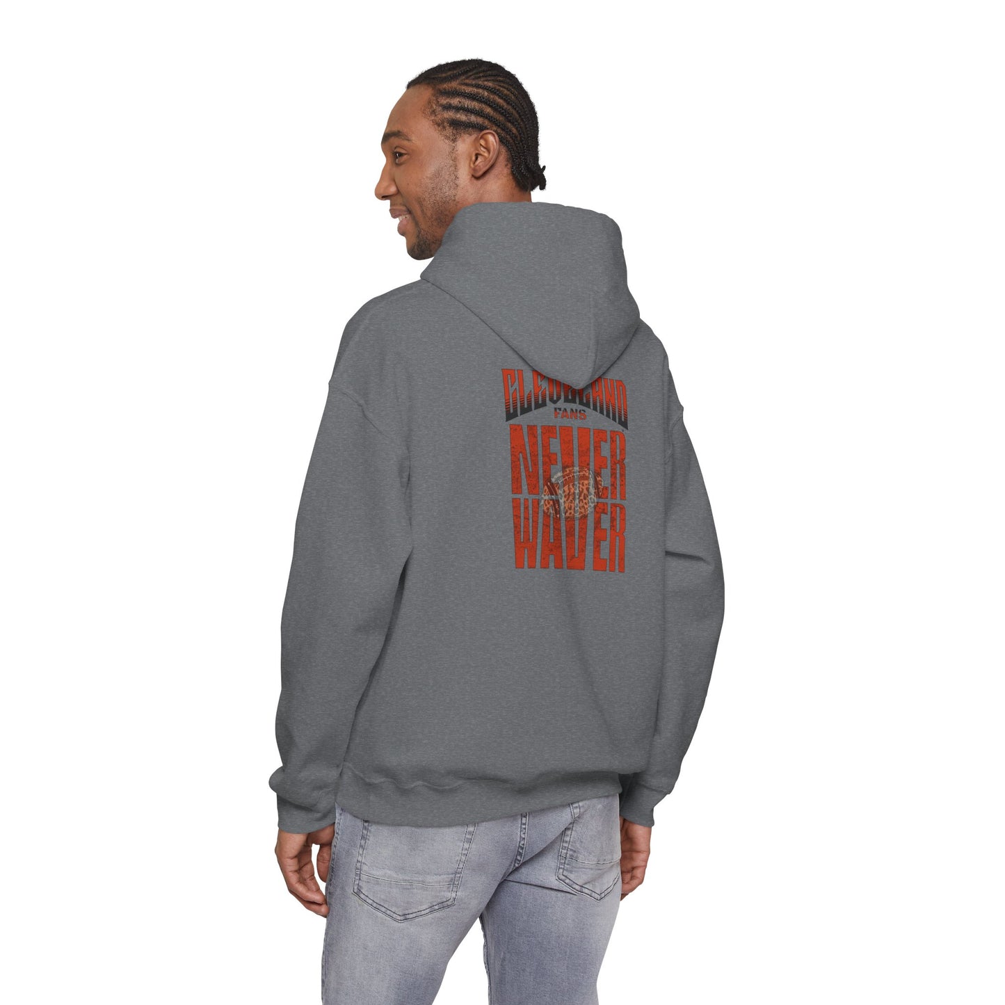 Cleveland Fans Never Waver w Leopard Football Unisex Hoodie - Cozy Heavy Blend Sweatshirt for Comfort and Style