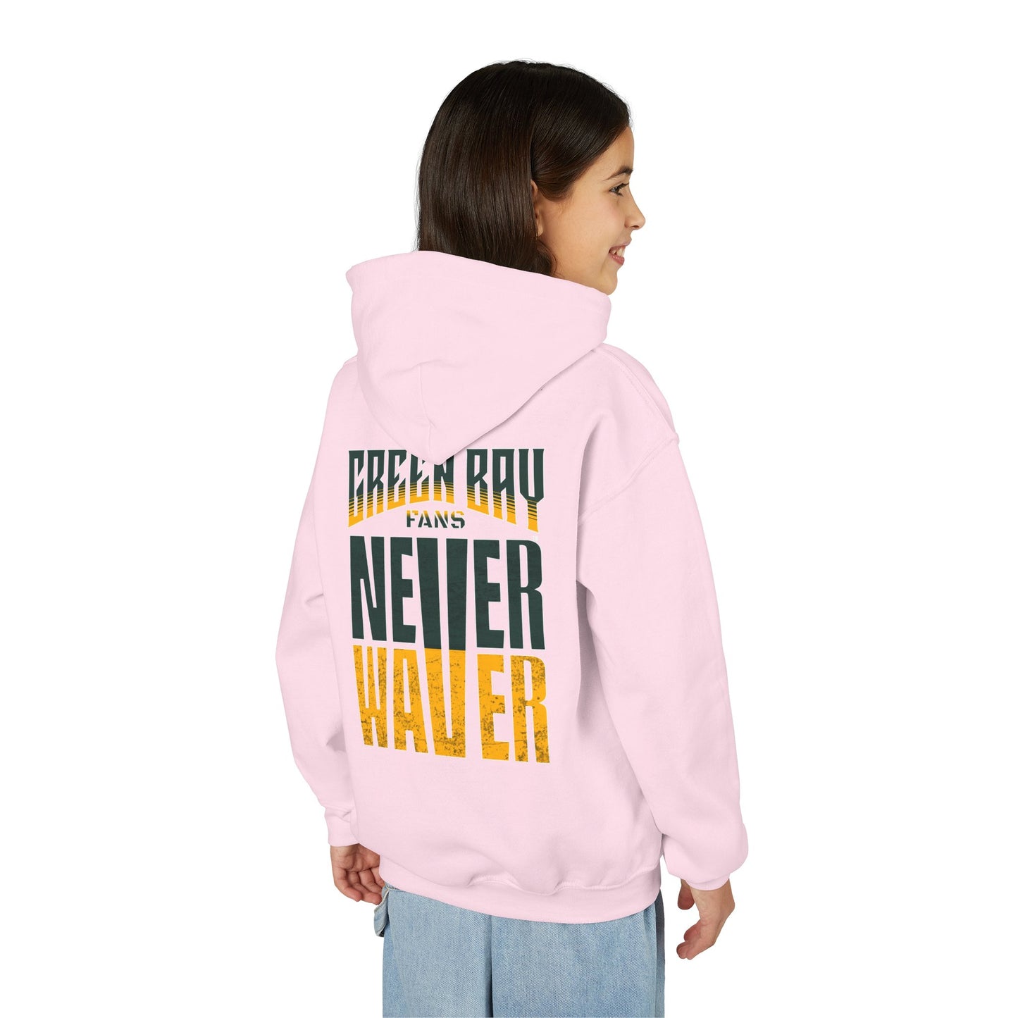 Green Bay Fans Never Waver Youth Heavy Blend Hooded Sweatshirt