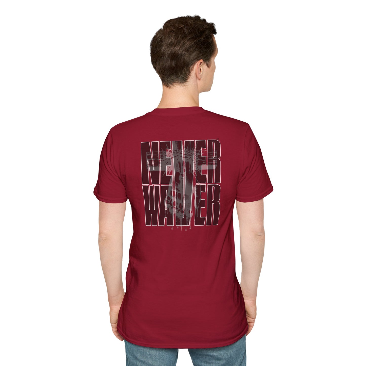 Never Waver” Jesus a bold, eye-catching design that reflects a steadfast faith and confidence in Christ. Unisex Soft style T-Shirt