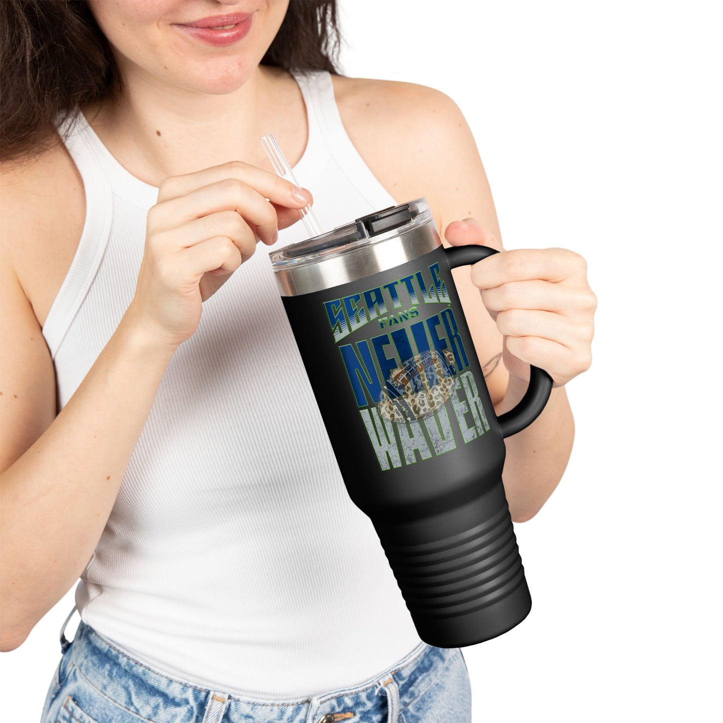 Seattle Fans Never Waver w Leopard Football Insulated Mug, 40oz