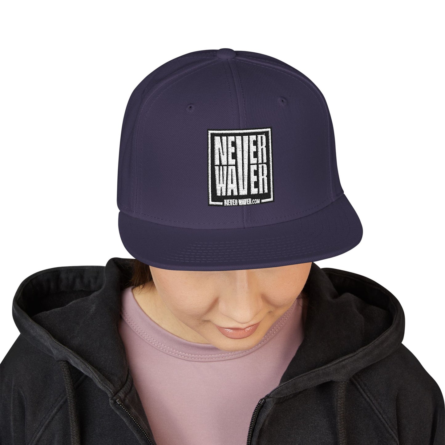 Never Waver Embroidered Square Script Snapback Hat — Bold Monochrome Streetwear