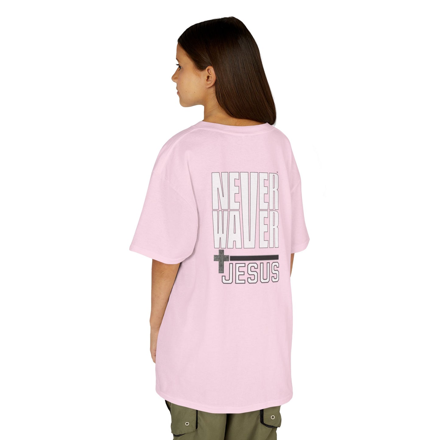 Never Waver” Jesus a bold, eye-catching design that reflects a steadfast faith and confidence in Christ.