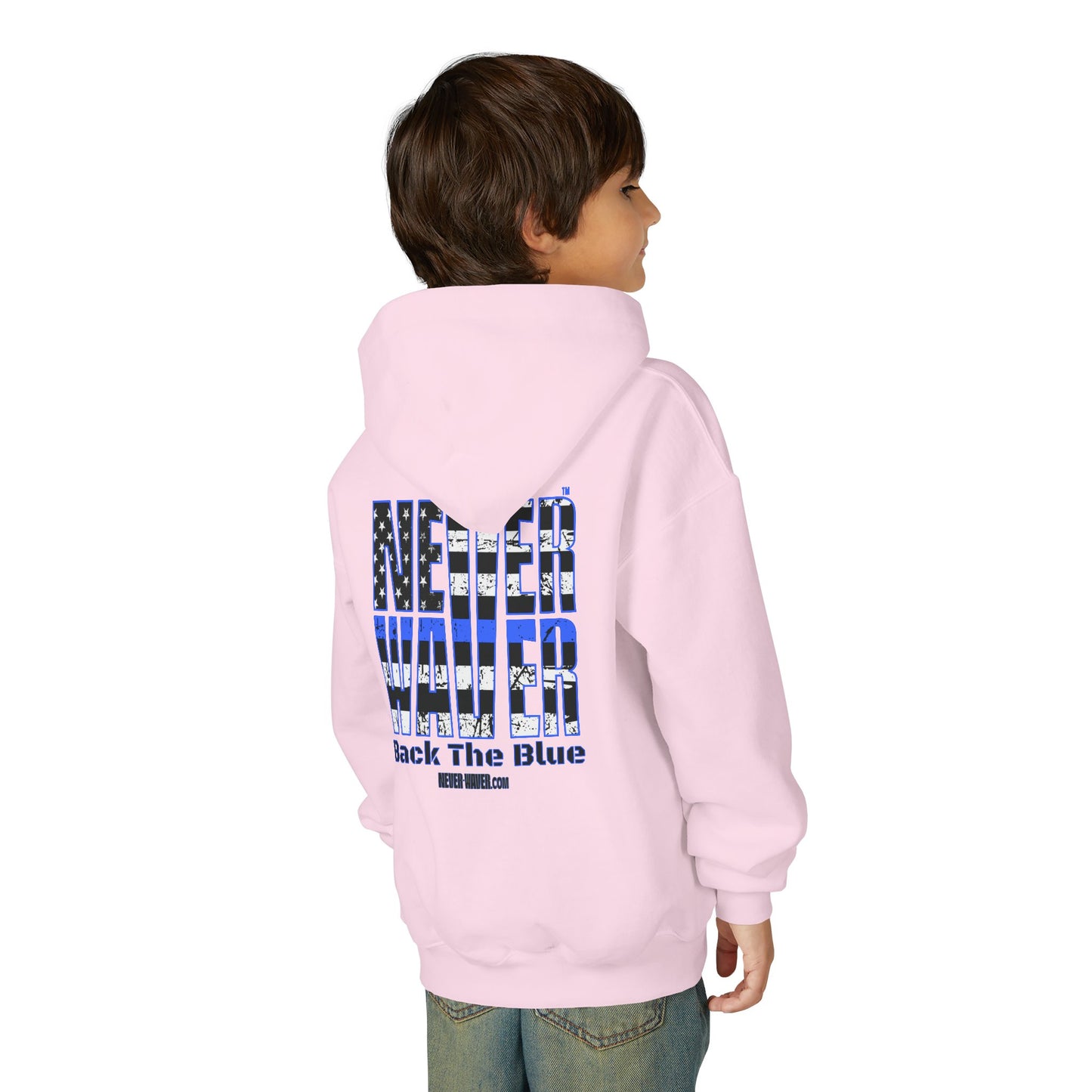Never Waver Back The Blue  Vintage-Inspired Youth Hoodie with American Flag Design