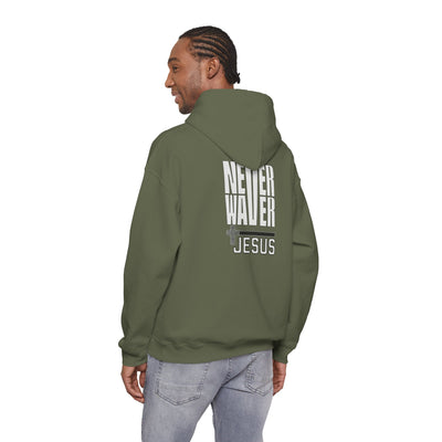 Never Waver” Jesus a bold, eye-catching design that reflects a steadfast faith and confidence in Christ. Hoodie - Unisex Heavy Blend™ Sweatshirt