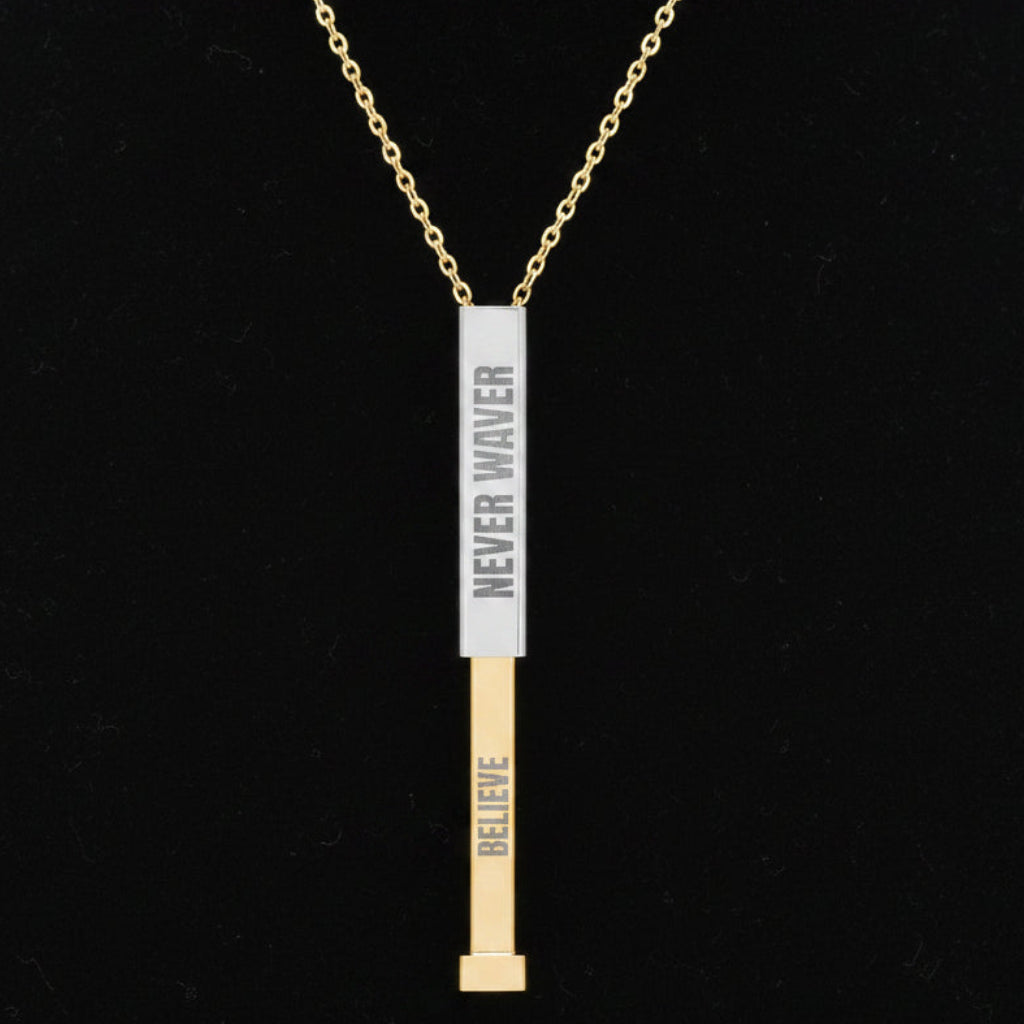 Never Waver Hidden Message Sliding Bar Necklace — Engraved "Never Waver"|"Believe"