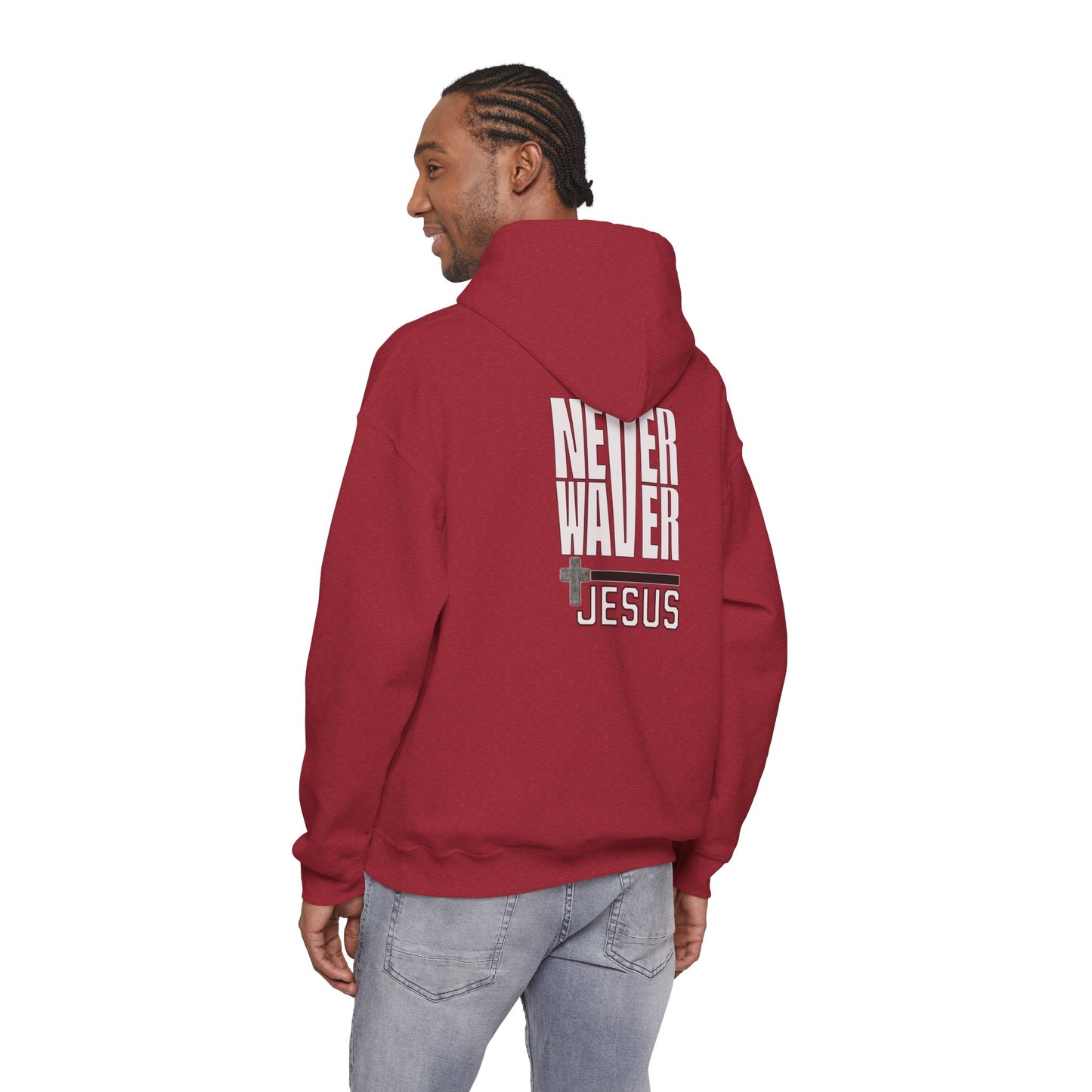 Never Waver” Jesus a bold, eye-catching design that reflects a steadfast faith and confidence in Christ. Hoodie - Unisex Heavy Blend™ Sweatshirt