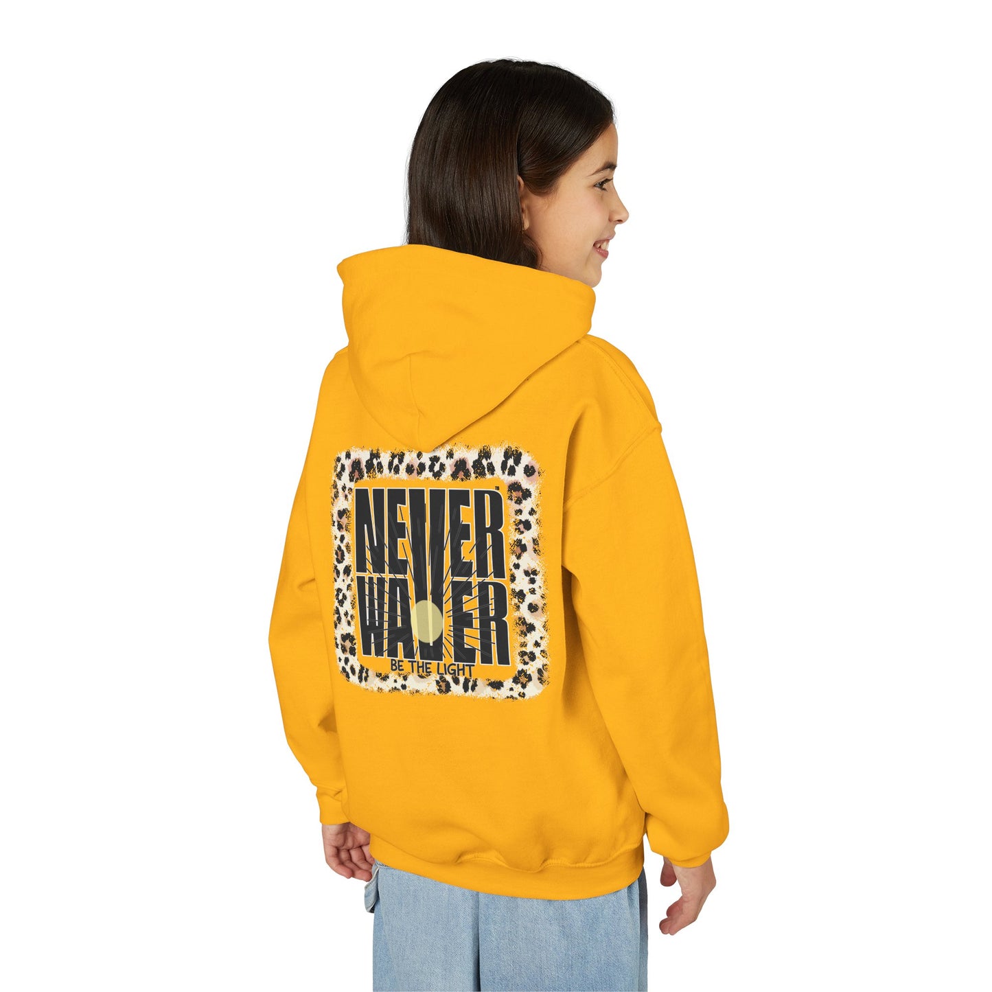 "NEVER WAVER Be The Light Design" Motivational Sweatshirt Youth Heavy Blend Hoodie