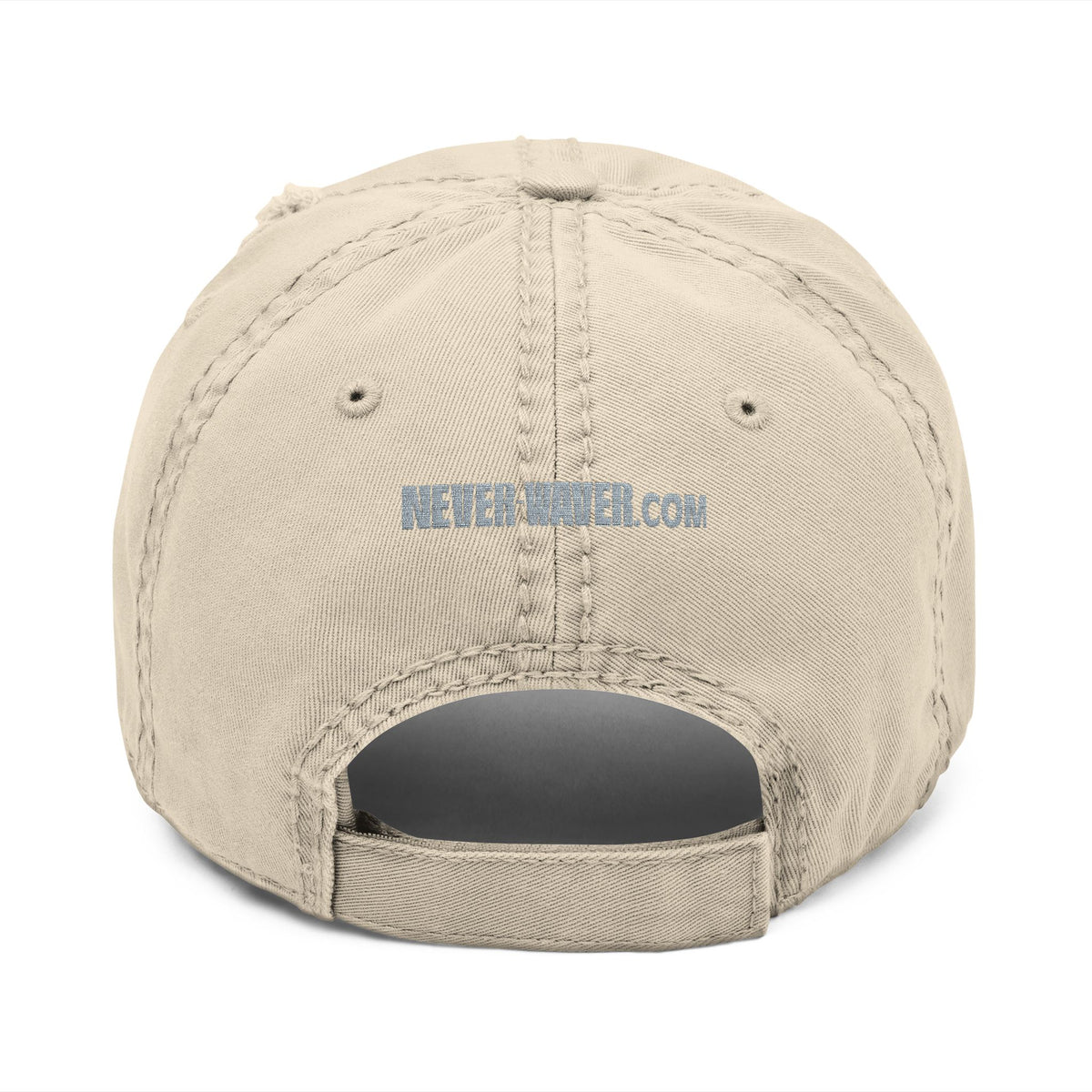 Distressed Dad Hat with 'Never Waver' Embroidery - Casual Style for Everyday Adventures by Printify