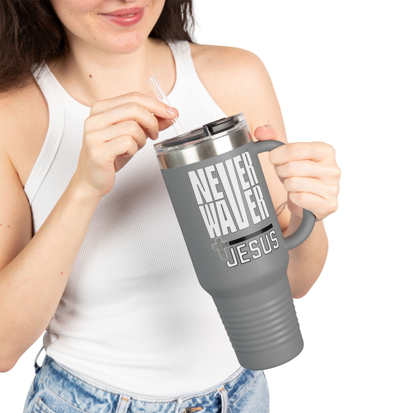 "Never Waver” Jesus Insulated Travel Mug -a bold, eye-catching design that reflects a steadfast faith and confidence in Christ. " - 40oz Sporty Drinkware