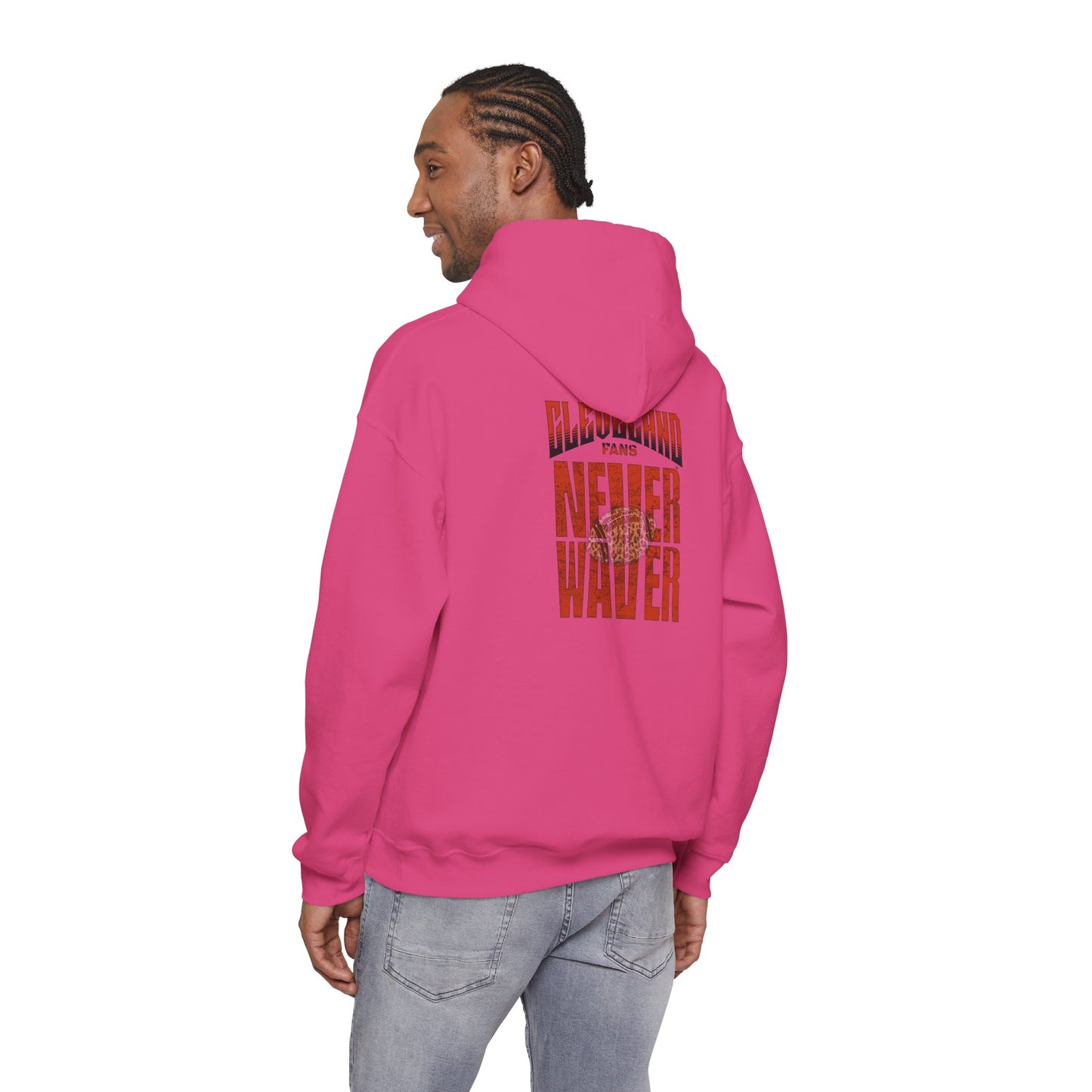 Cleveland Fans Never Waver w Leopard Football Unisex Hoodie - Cozy Heavy Blend Sweatshirt for Comfort and Style