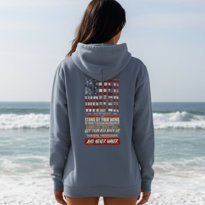 Never Waver Definition Hoodie — Stand By Your Word Back Graphic Womens