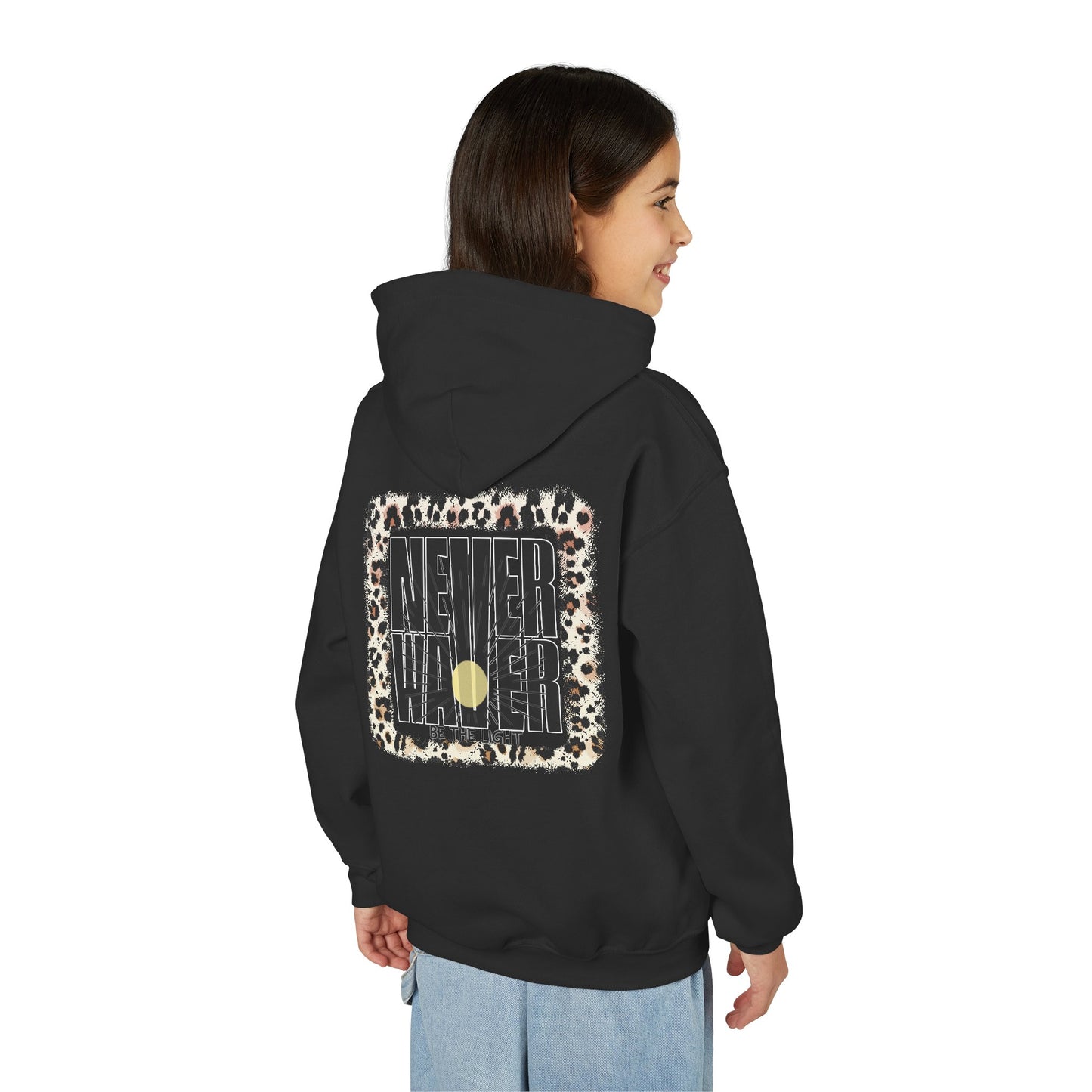 "NEVER WAVER Be The Light Design" Motivational Sweatshirt Youth Heavy Blend Hoodie