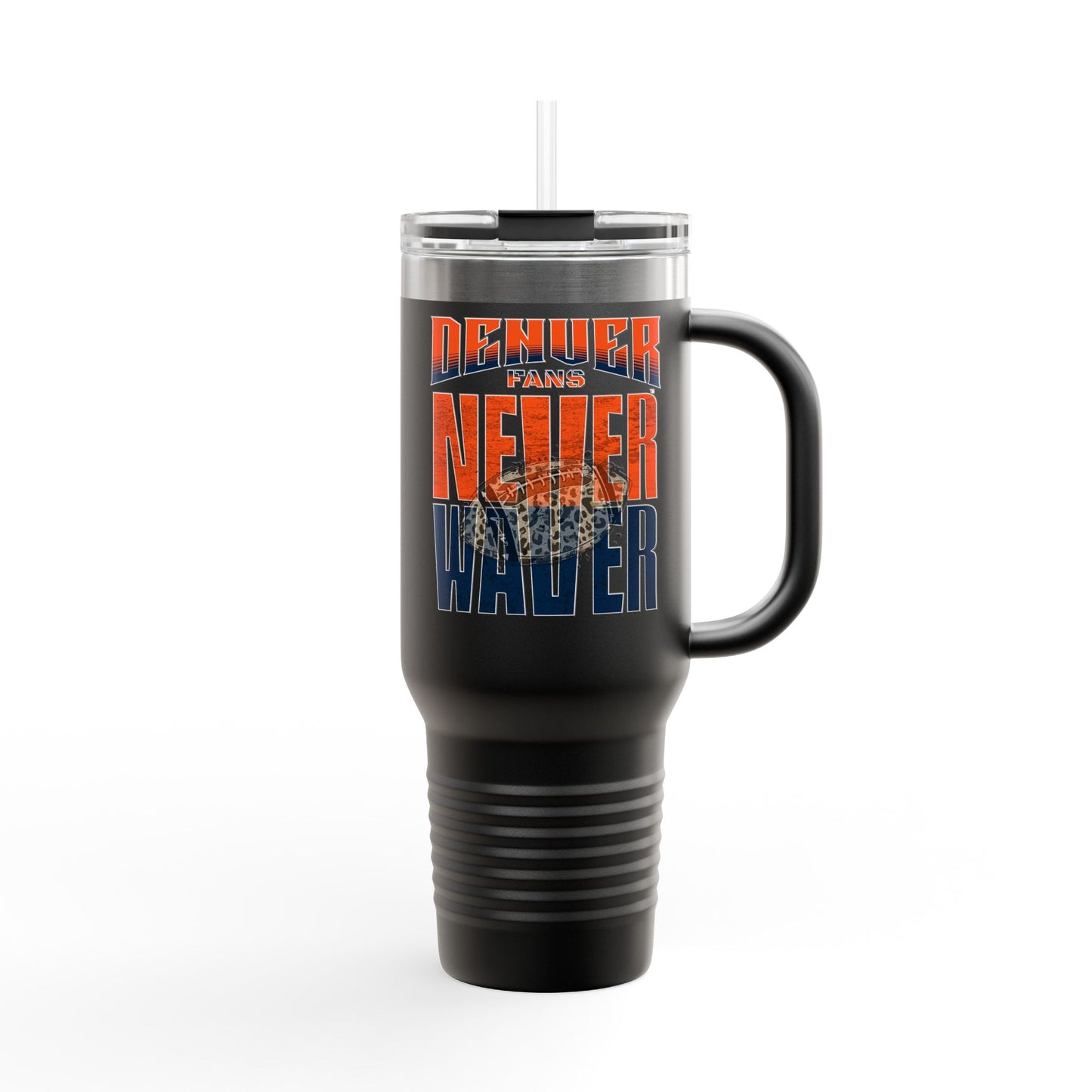 Denver Fans Never Waver with leopard football Insulated Travel Mug, 40oz
