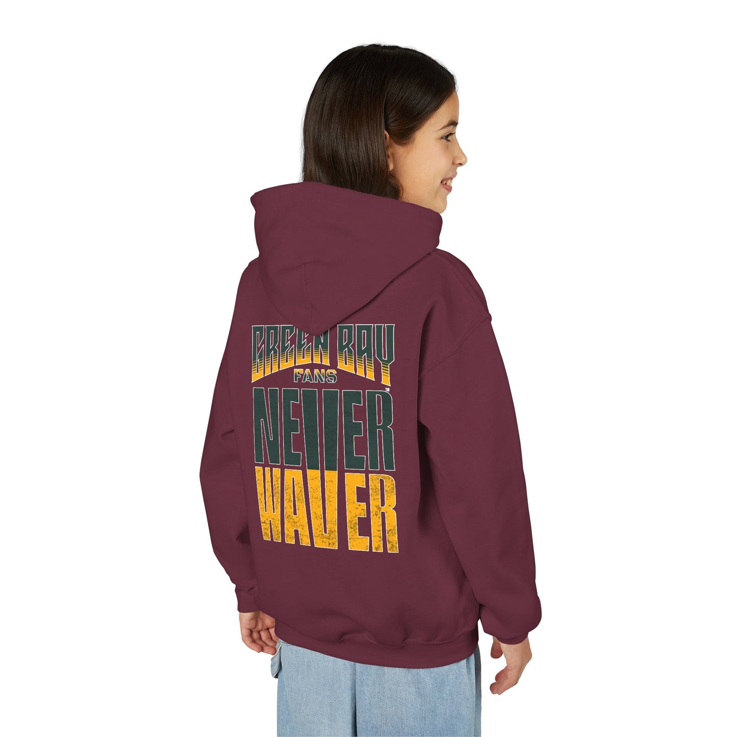 Green Bay Fans Never Waver Youth Heavy Blend Hooded Sweatshirt