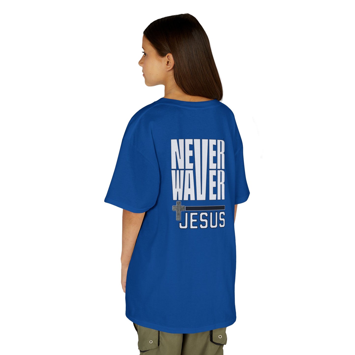 Never Waver” Jesus a bold, eye-catching design that reflects a steadfast faith and confidence in Christ.