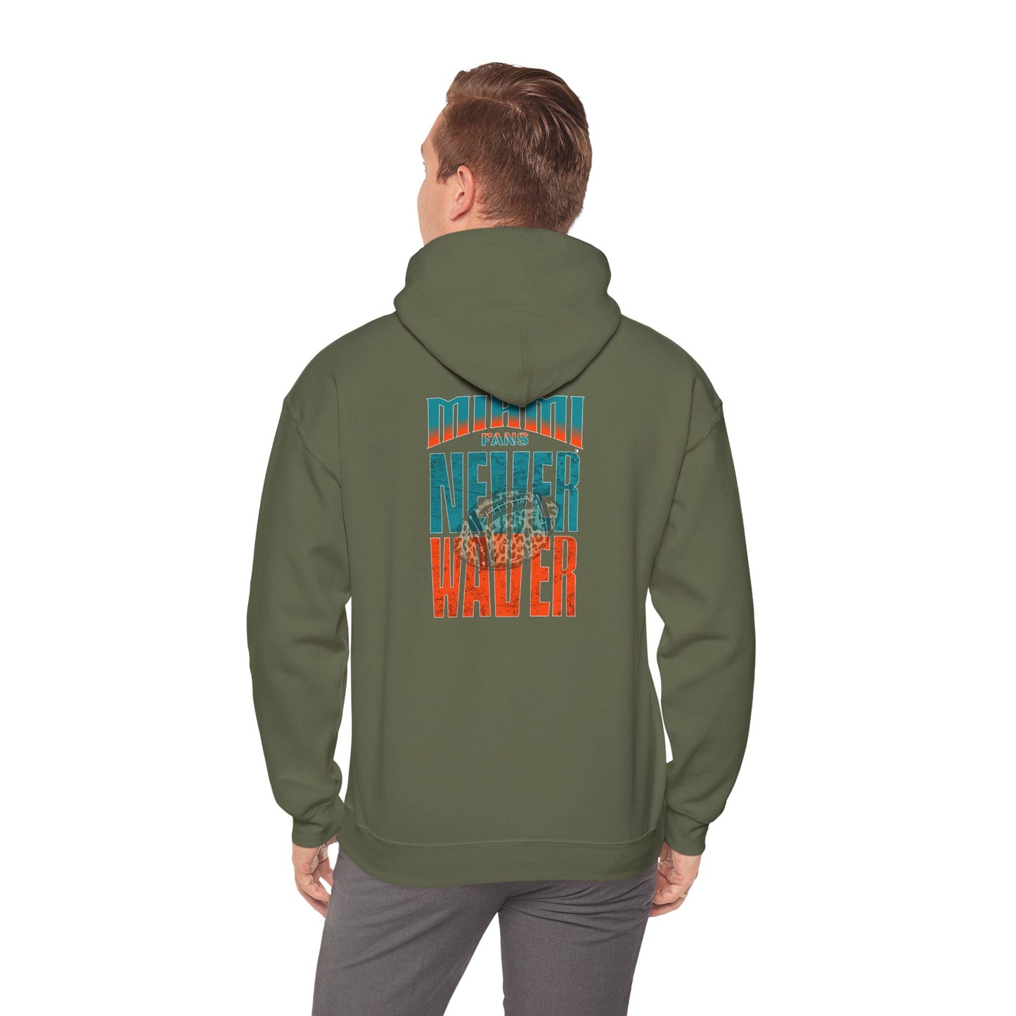 Miami Fans  NEVER WAVER w Leopard Football | Cozy Streetwear for Every Day Unisex Heavy Blend™ Hooded Sweatshirt -